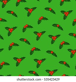 Mistletoe berries on a green background. Seamless pattern. Vector illustration.