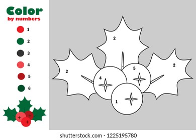 Mistletoe berry holly cartoon style, color by number, christmas education paper game for the development of children, coloring page, kids preschool activity, printable worksheet, vector illustration