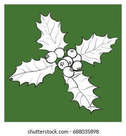 Mistletoe black and white branch with leaves and berries, holly berry Christmas decoration element, sketch vector illustration on green background.