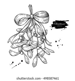 Mistletoe with bow and ribbon. Christmas decor plant. Hand drawn vector illustration. Botanical xmas element. Holly with leaves and berry. Great for card, poster, holiday decoration.