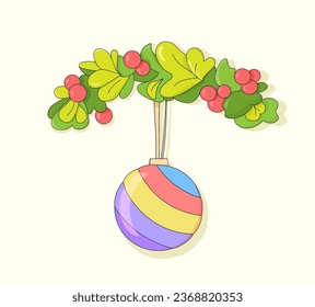 Mistletoe branch with berries. Christmas ball in retro style. Holiday decoration. Christmas card. Vector Illustration 