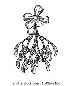 Mistletoe. Branch of mistletoe with berries and gift bow isolated on white background. Sketch. Vector stock illustration