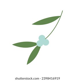 Mistletoe branch with berries and leaves. Vector flat isolated element for design