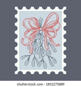Mistletoe branch. Christmas stamps with holiday Vintage illustration. Postage stamp frames. Vector 