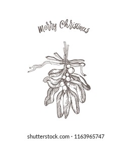 mistletoe branch  for Hew Year invitation and Valentine's day card in vintage style ink hand drawn retro flower isolated on white place for kisses