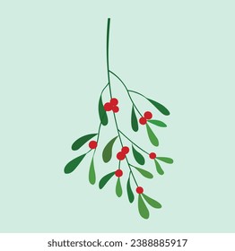 Mistletoe branch illustration flat vector in cartoon style isolated on  light blue background. Merry Christmas. For Christmas cards, banners, tag, labels, background.