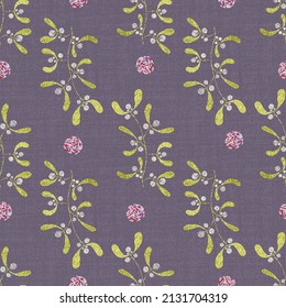 mistletoe branch pattern with embroidery imitation. Vector endless texture.