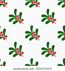 Mistletoe branch with red berries Christmas plant symbol pattern. Vector illustration.