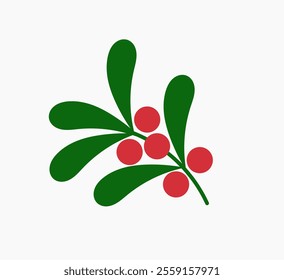 Mistletoe branch with red berries Christmas plant symbol. Holly design element. Vector illustration.