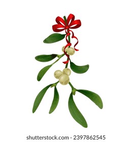 
Mistletoe branch with red bow. Isolate, vector illustration.
