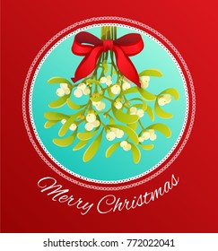 Mistletoe branch with red ribbon for Merry Christmas card
