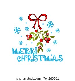 Mistletoe branch and snowflakes. Merry Christmas. Isolated vector objects on white background.