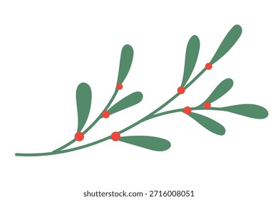 Mistletoe branch vector illustration with green leaves and red berries. Festive holiday design for Christmas decor, greeting card, invitation and packaging.