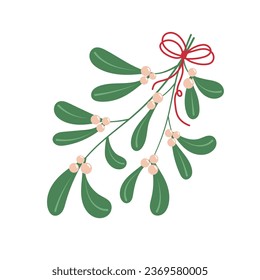 Mistletoe branches with berries with a red bow. Winter seasonal holiday plant isolated on white. Christmas decoration. Design element