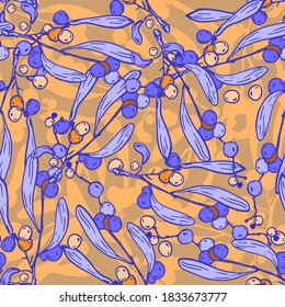 Mistletoe branches with berries. Vector seamless pattern. Christmas festive background.