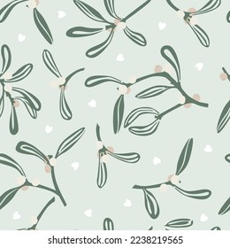 Ramas de mistletoe y lindos corazones vectores sin fisuras. Mimletocolor blanco fondo de Navidad para tela, papel pintado, empaque, textil, diseño web