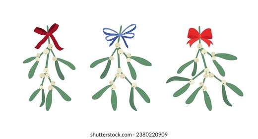 Mistletoe branches isolated on white background with red and blue bows, vector illustration.