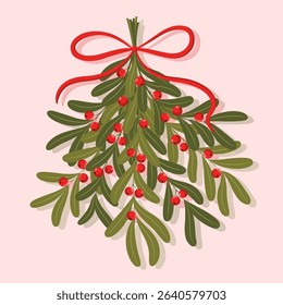 Mistletoe branches with red berries and red bow on a light pink background.