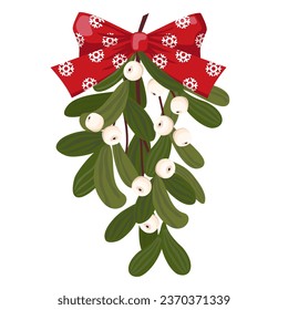 Mistletoe branches with a red bow. Traditional Christmas decoration made of mistletoe. Illustrated vector clipart.