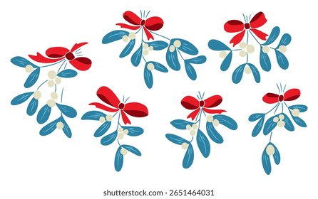 Os ramos de visco com arcos vermelhos e bagas brancas, desenhados à mão em estilo simples e plano. Símbolo de decoração de feriado e conceito de celebração de inverno