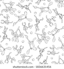 mistletoe branches seamless pattern. Christmas background with traditional mistletoe. Hand drawing in ink, outline, sketch.