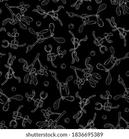 Mistletoe Branches Seamless Pattern. Christmas Background With Traditional Mistletoe. Hand Drawing In Ink, Outline, Sketch.