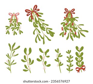 Mistletoe Branches Set, Festive Bundle Of Fresh Green Mistletoe Plants, Perfect For Holiday Decor And Traditional Kissing Under. Adds A Charming Touch To Xmas Celebrations. Cartoon Vector Illustration