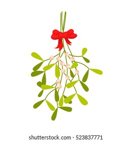 Ramas de Mistletoe atadas con un ícono vectorial de Navidad de arco rojo. Símbolo de la planta tradicional de vacaciones para la decoración.