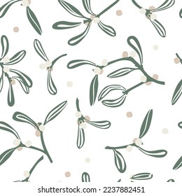 Mistletoe branches vector seamless pattern. White mistletoe Christmas background for fabric, wallpaper, packaging, textile, web design.