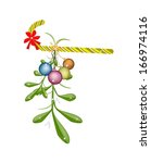 Mistletoe Bunch and Christmas Balls with A Christmas Red Ribbon and Candy Cane For Christmas Celebration, Isolated on White Background 