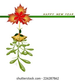 Mistletoe Bunch, Maple Leaves and Golden Bell Hanging on A Red Bow on Greeting Card, Sign for Christmas Celebration. 