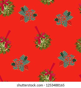 Mistletoe bushes seamless pattern on red background