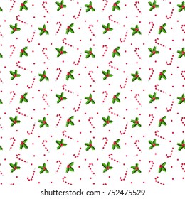MISTLETOE AND CANDY CANE. DECORATIVE CHRISTMAS SEAMLESS VECTOR PATTERN