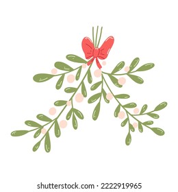 Mistletoe in cartoon flat style. Hand drawn vector illustration of Christmas decorative design elements