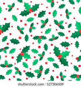 Mistletoe Christmas tree with red balls seamless pattern. Green branches of pine. Simple cartoon style. Evergreen tree. Wallpaper design endless texture. New Year. Flat design. Vector illustration