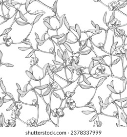 Mistletoe. Ilustración vectorial de Navidad. Patrón sin fisuras dibujado a mano sobre fondo blanco. Perfecto para papel pintado, envoltura, tela y textil. 