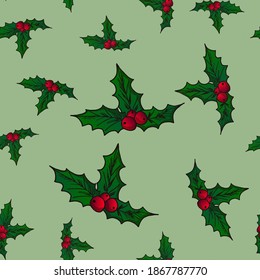 Mistletoe color element seamless pattern. Christmas decor. Hand drawn vector illustration. Christmas botanical element. Holly with leaves and berries. Great for postcard, poster, holiday decoration.