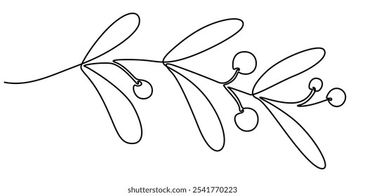 Mistletoe in continuous one line art style. Simple vector illustration, Christmas plant in continuous line drawing style. Line art of holly leaves with berry. Vector illustration. Abstract background.