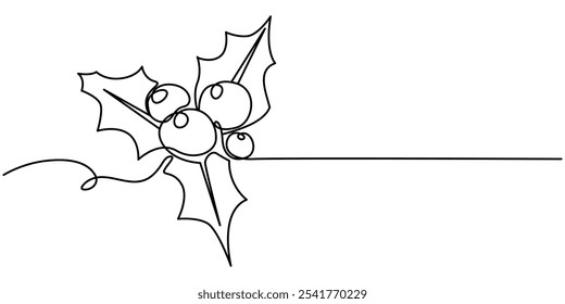 Mistletoe in continuous one line art style. Simple vector illustration, Christmas plant in continuous line drawing style. Line art of holly leaves with berry. Vector illustration. Abstract background.