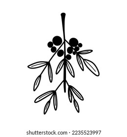 Mistletoe doodle line drawing. Hand drawn minimalist holly berry mistyle branch with leaves and berries. Black contour line outline vector illutration. Winter holidays floral clip art.