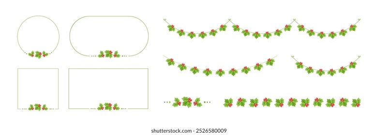 Conjuntos de Elementos Vetoriais de Quadros de Mistletoe e Garland, Gráficos de Natal Festivo inverno Temporada de Férias Bunting
