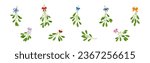 Mistletoe Green Branches with Oblong Leaves and Berries and Ribbon Bow Vector Set