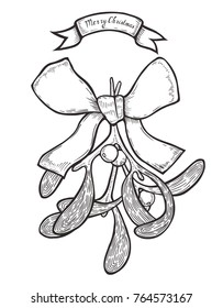Mistletoe Hand drawn plant with berry. Vector Christmas plant retro vintage style.