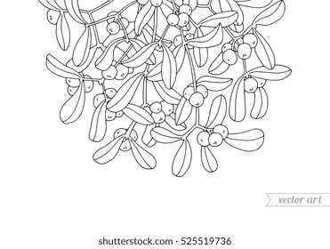 Mistletoe hanging. Kissing bough. Christmas decoration. Vintage vector artwork. Black and white. Coloring book page for adult. Hand drawn. Holiday concept for gift greeting card, branding, logo, label