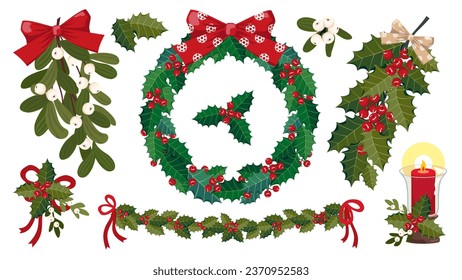 Mistletoe and holly Christmas set of elements. Holly branch, wreath, garland, decorated festive candle. Illustrated vector clipart.