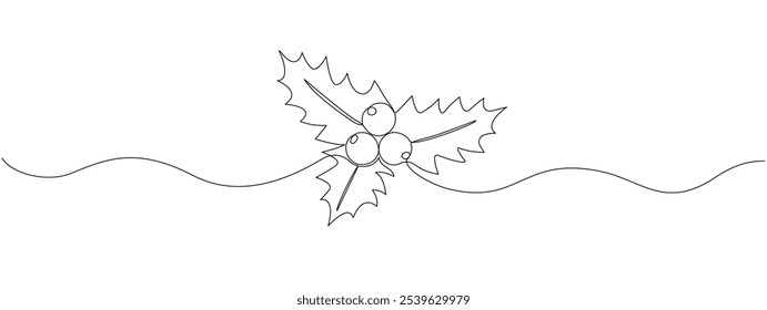 Mistletoe holly drawing with one continuous line.   Symbol for Christmas New Year greeting card Vector editable stroke