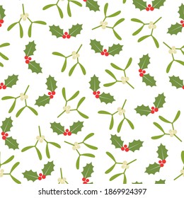 Mistletoe and holly on a white background. Seamless vector pattern.