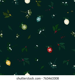 Mistletoe, holly tree and Christmas balls - vector background