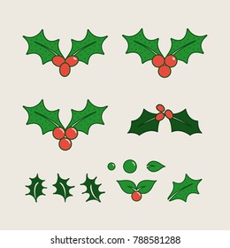 Mistletoe illustration with berries. Green leaves vector set. Minimal design elements for christmas and seasonal greetings. Simple leaf icons. Editable strokes.