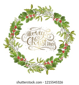 Mistletoe isolated. Traditional Christmas plant. Holiday red Holly berry with green leaves. Decorating for national Festive on white background. xmas design template